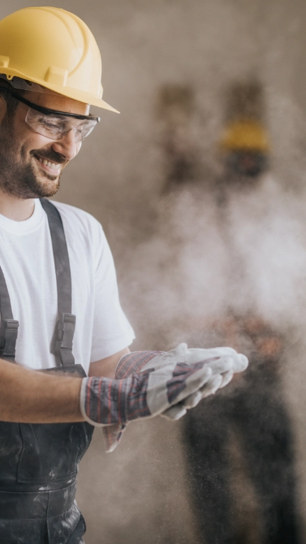 Happy construction worker with dusty gloves