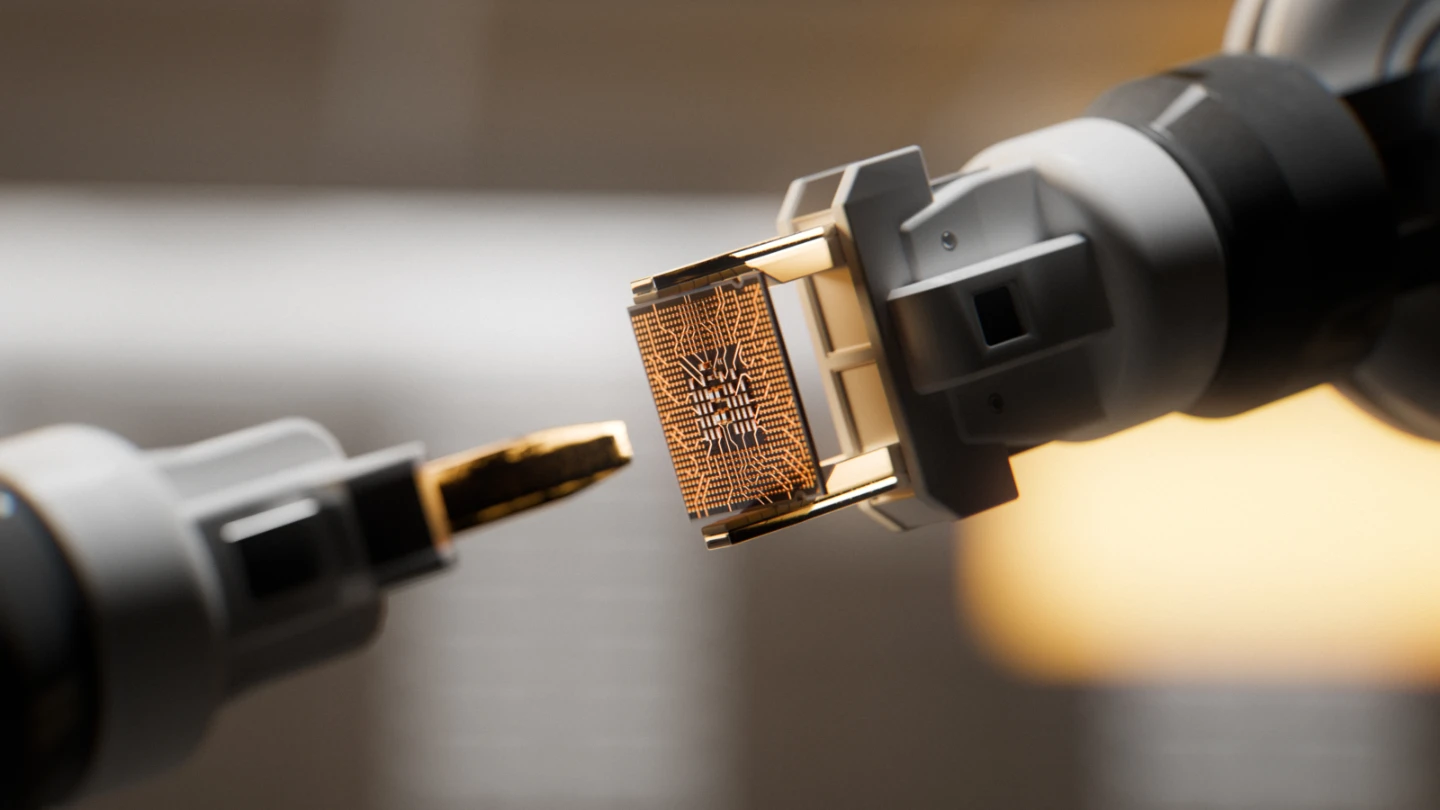 Robotic arm engraving a computer chip